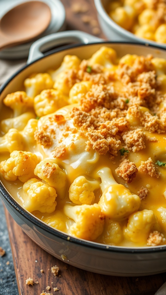 Cheesy Cauliflower Bake Recipe A cheesy cauliflower bake with golden crust and bubbling cheese, served in a rustic dish.